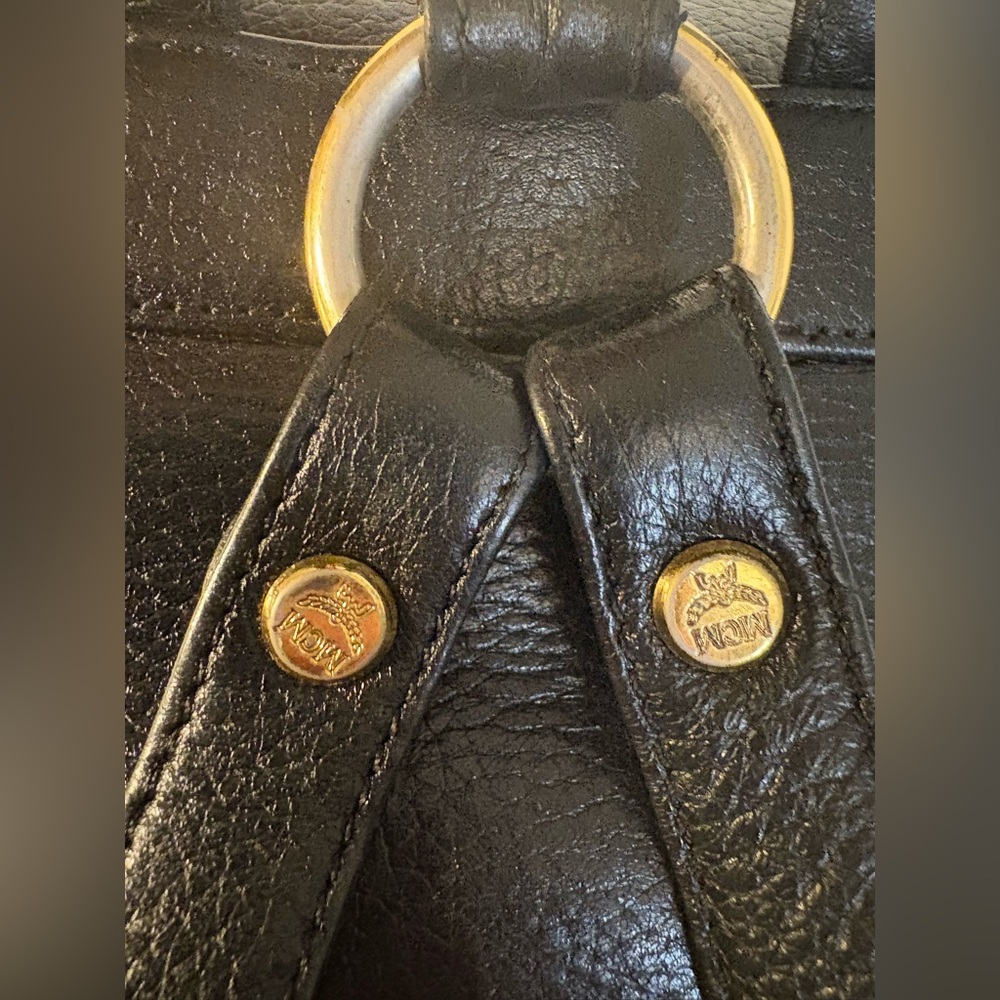MCM Black Leather Backpack with Gold Accents and draw strings 12"x11" - Picture 9 of 16